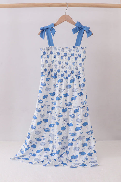 Blue whale smocked ruffle mom&me dress